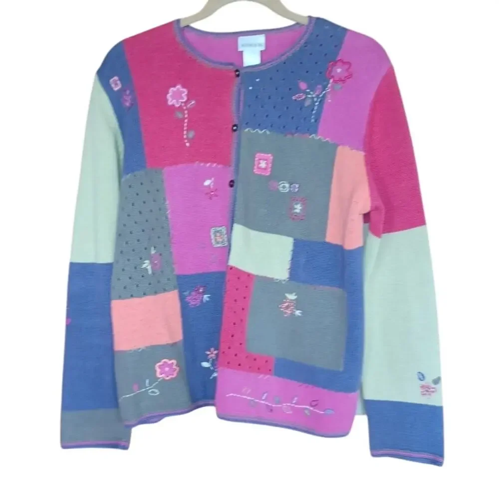 Vintage Koret Patchwork Cardigan Floral Embroidered Size Medium Cotton Blend - Picture 1 of 7